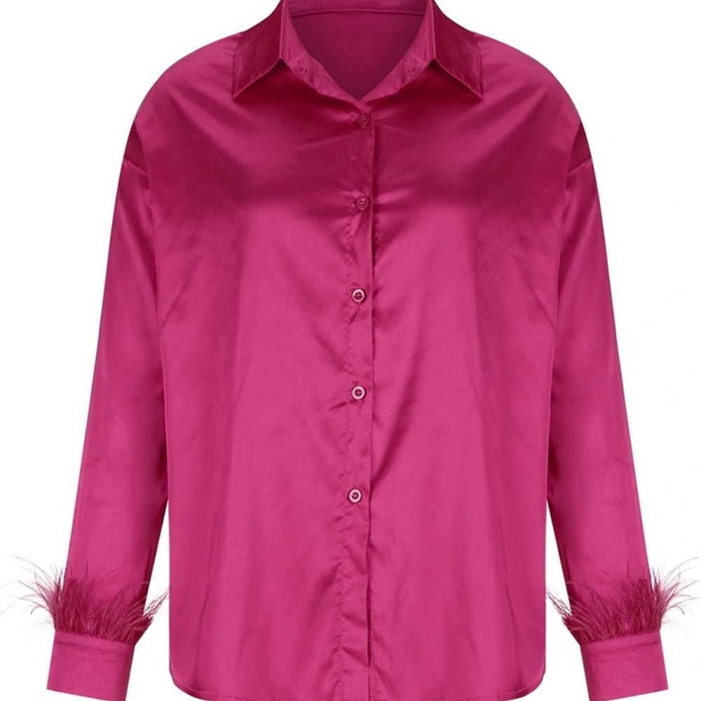 Women Long Feather Sleeve Satin V Neck Blouse.